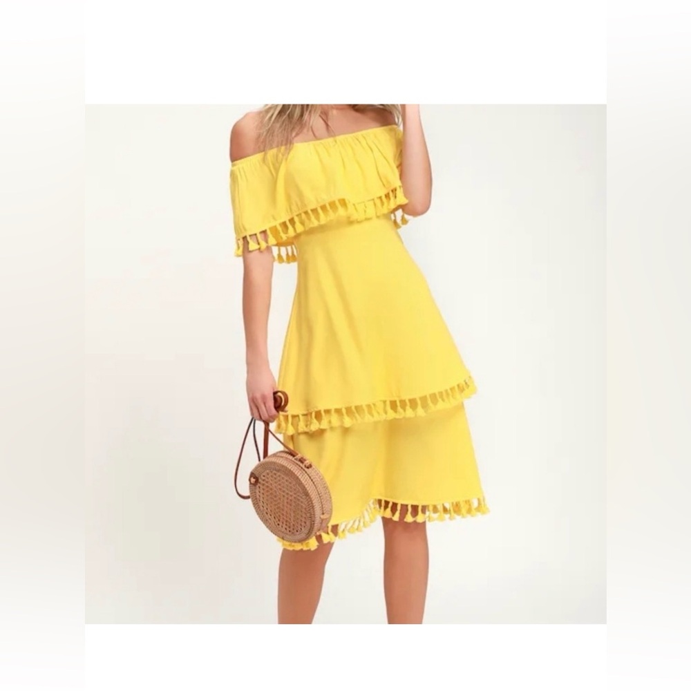 Lulu's Pensacola Yellow Off-the-Shoulder Tassled Midi Dress